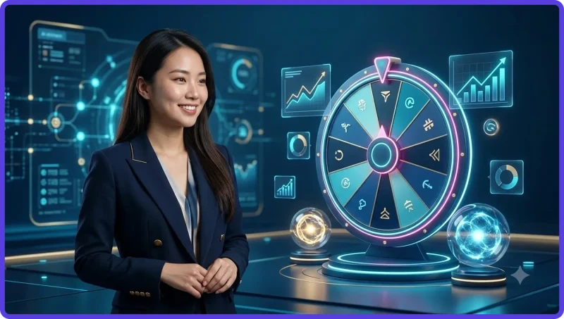 chiec-vong-quay-may-man-phat-sang-tren-be-mat-phan-chieu-cung-cac-dong-xu-vang-lo-lung Chiếc vòng quay may mắn phát sáng trên bề mặt phản chiếu cùng các đồng xu vàng lơ lửng