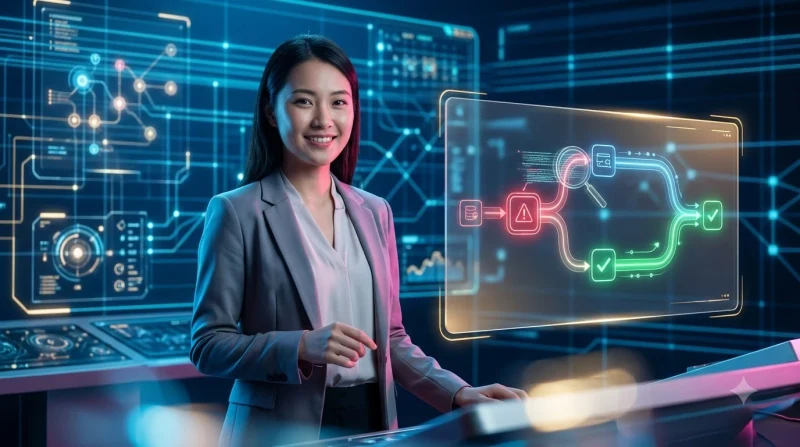 chuyen-vien-ho-tro-khach-hang-phan-tich-nguyen-nhan-loi-giao-dich-qua-giao-dien-hologram-minh-hoa Chuyên viên hỗ trợ khách hàng phân tích nguyên nhân lỗi giao dịch qua giao diện hologram minh họa