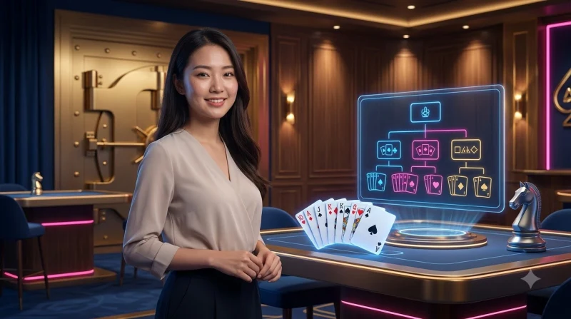nguoi-choi-cam-bai-poker-tren-ban-voi-thang-thu-tu-tay-bai-mo-phia-sau-minh-hoa-tam-quan-trong-cua-viec-hieu-thu-tu-bai Người chơi cầm bài poker trên bàn với thang thứ tự tay bài mờ phía sau, minh họa tầm quan trọng của việc hiểu thứ tự bài