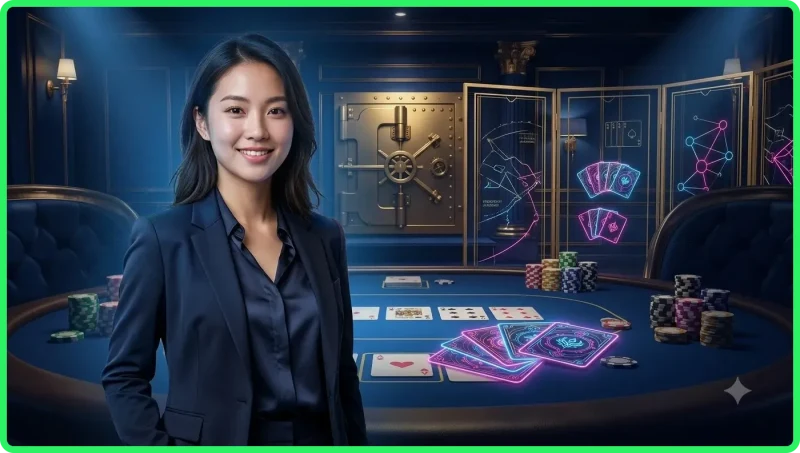 nguoi-choi-cam-bai-poker-tren-ban-voi-thang-thu-tu-tay-bai-mo-phia-sau-minh-hoa-tam-quan-trong-cua-viec-hieu-thu-tu-bai Người chơi cầm bài poker trên bàn với thang thứ tự tay bài mờ phía sau, minh họa tầm quan trọng của việc hiểu thứ tự bài