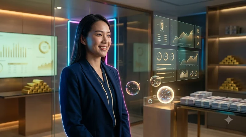 nguoi-phu-nu-tre-mim-cuoi-ben-man-hinh-hologram-voi-bieu-do-tang-truong-va-vong-tron-thanh-cong Người phụ nữ trẻ mỉm cười bên màn hình hologram với biểu đồ tăng trưởng và vòng tròn thành công