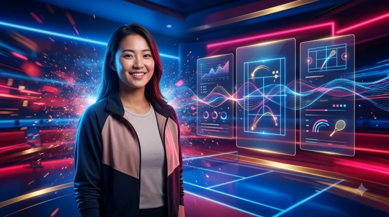 san-tennis-hien-dai-voi-man-hinh-du-lieu-hologram-va-vot-tennis-o-tien-canh Sân tennis hiện đại với màn hình dữ liệu hologram và vợt tennis ở tiền cảnh